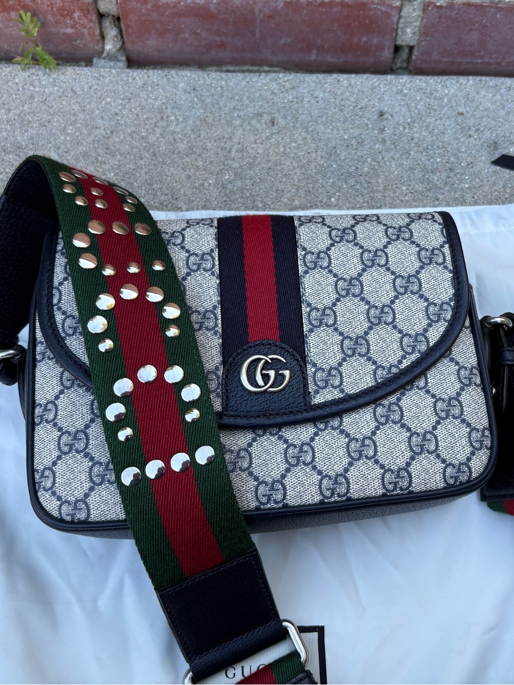 Gucci Ophidia GG Small Shoulder Bag with Studded Web Canvas Strap